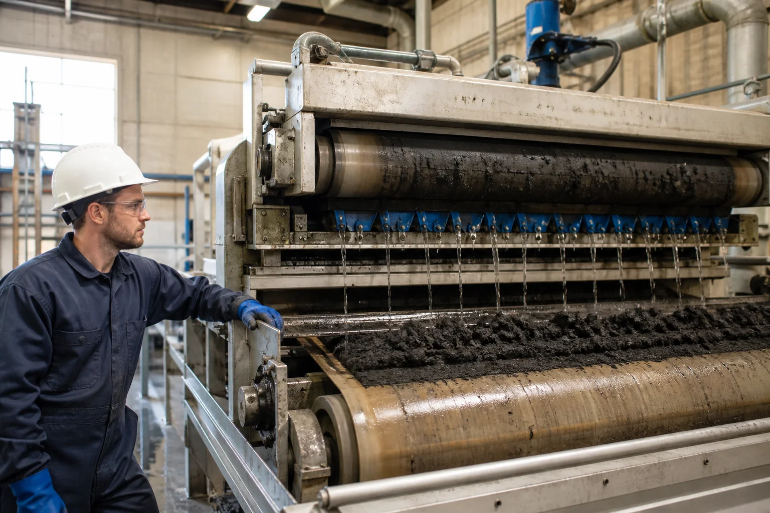 Operator observing sludge drainage on an industrial belt filter press