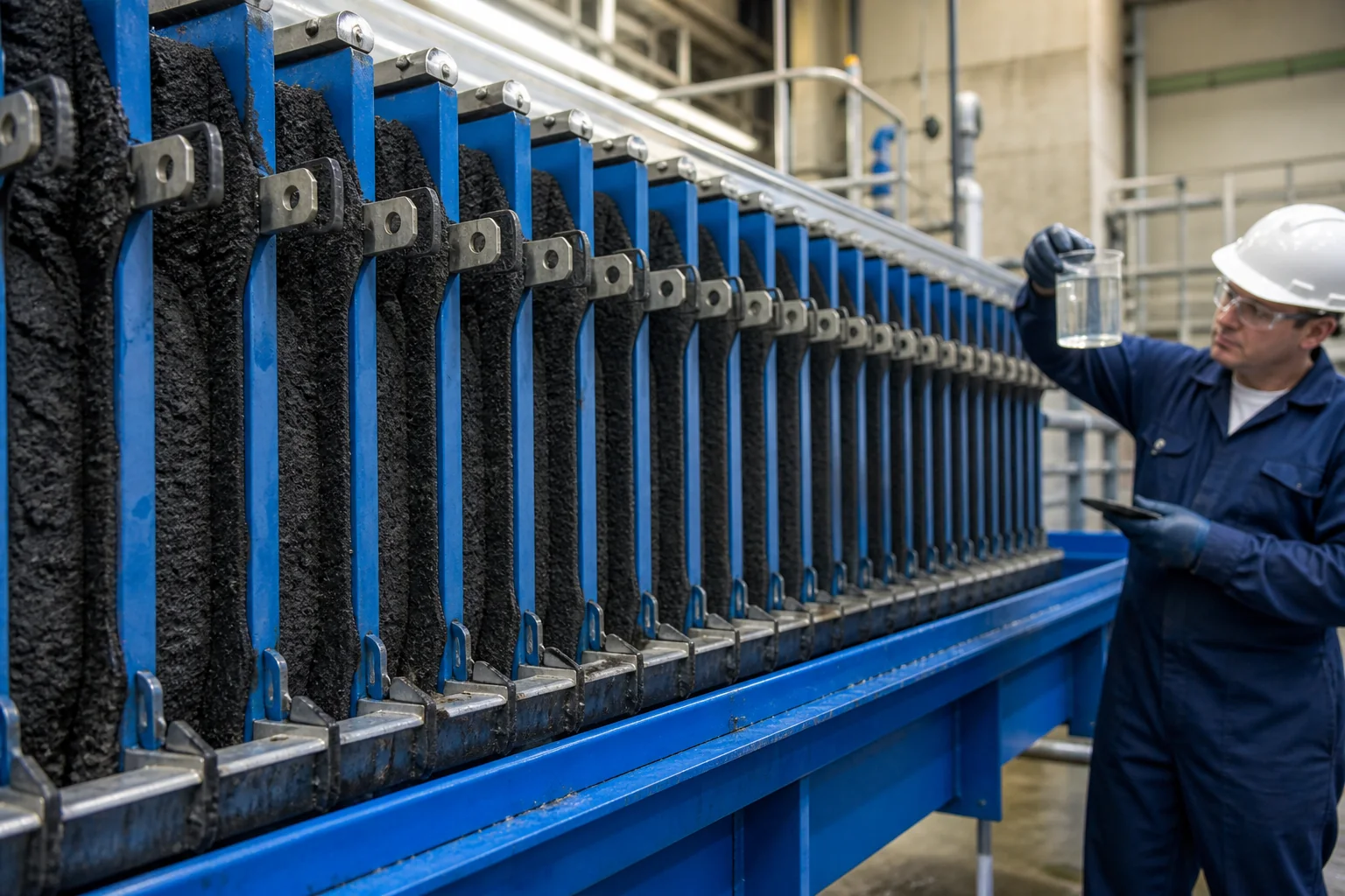 Conditioned sludge cakes exposed between chamber filter press plates
