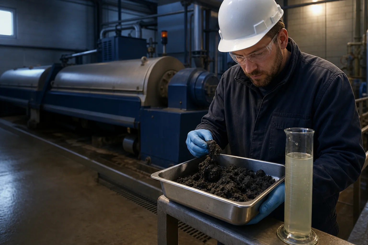 Operator inspecting conditioned sludge and centrate beside a decanter centrifuge