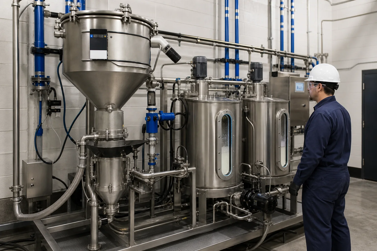 Powder cationic polyelectrolyte make-down tanks and calibrated dosing equipment